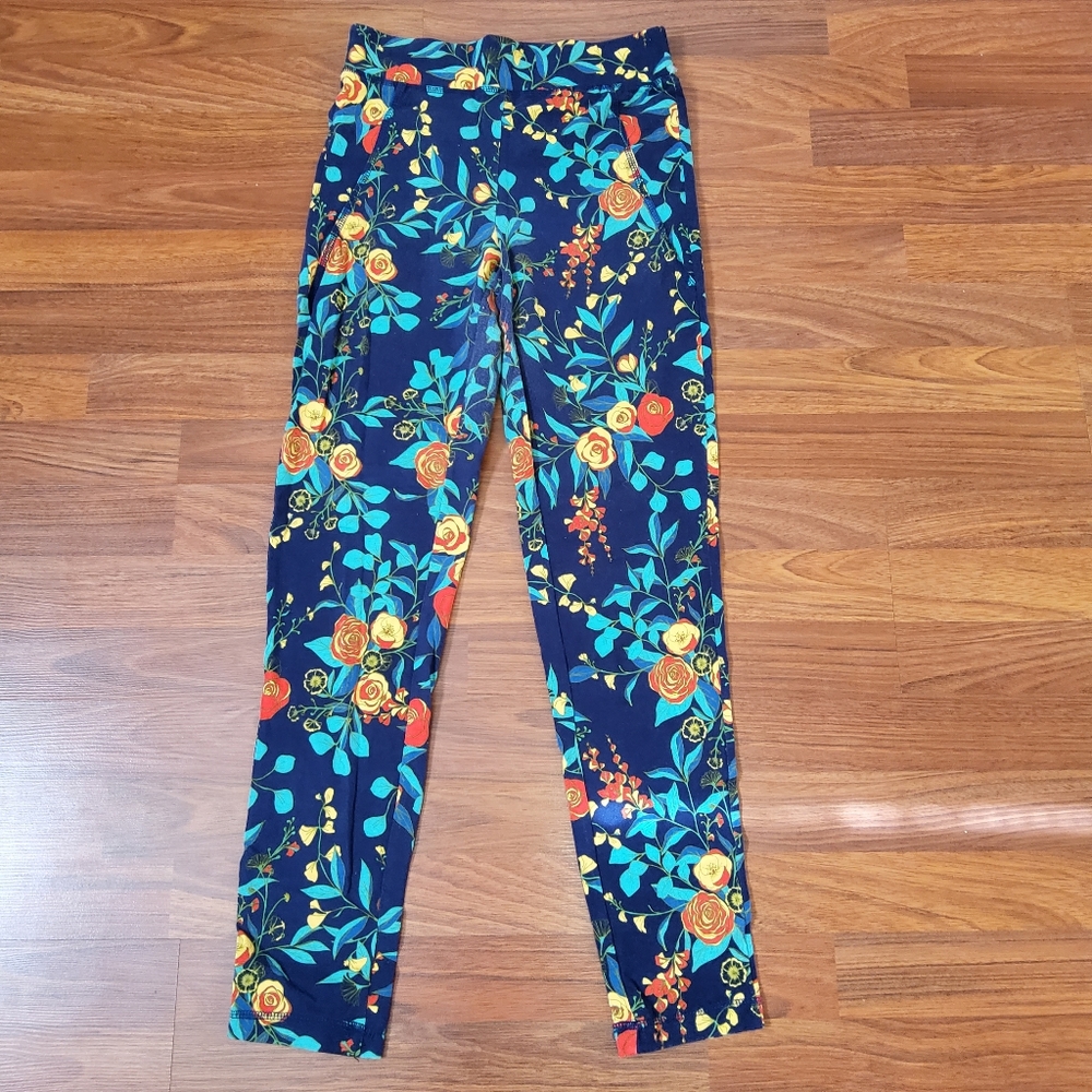 Slimming Options Floral Print Legging Size S Blue